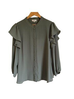 LOFT XL Green Ruffle Shoulder Sheer Blouse